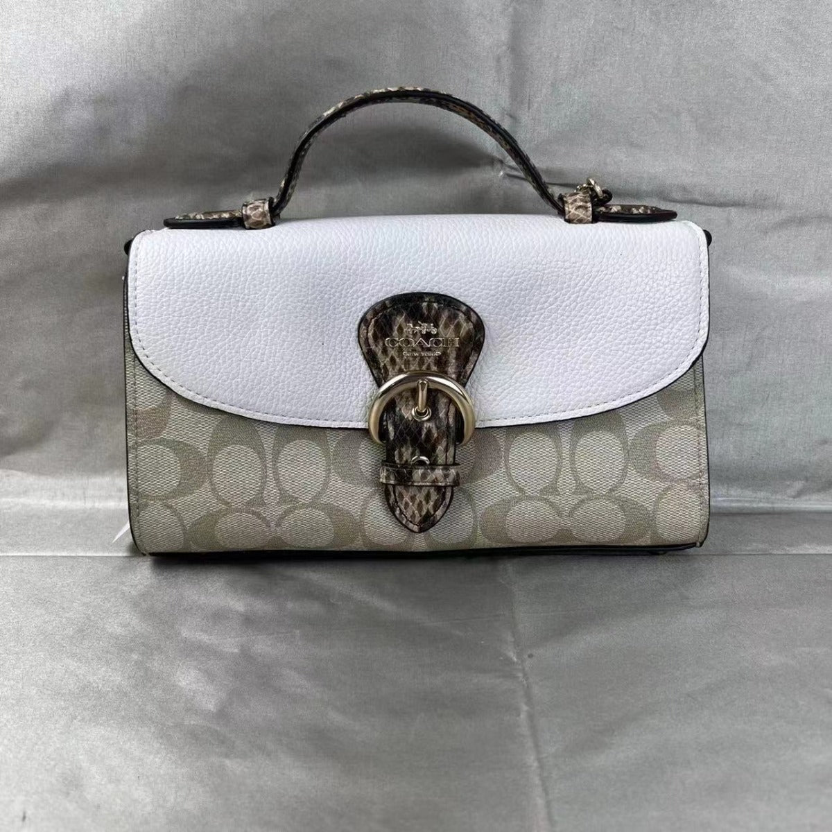 Coach CA427 Kleo Top Handle In Blocked Signature Canvas In Light Khaki Chalk Multi Coach CA427 Kleo Top Handle In Blocked Signature Canvas In Light Khaki Chalk Multi